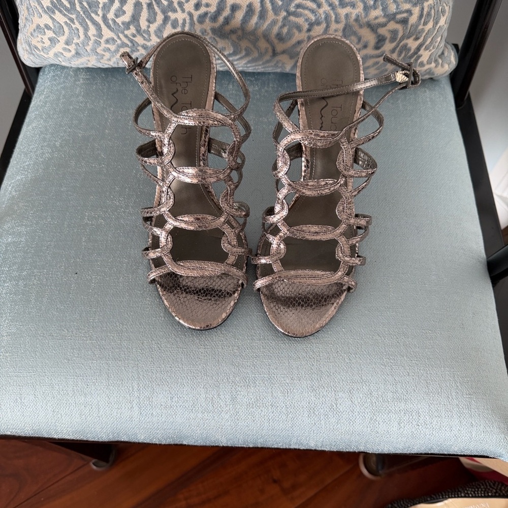 Metallic Snake-Embossed Strappy High Heel Sandals - Silver